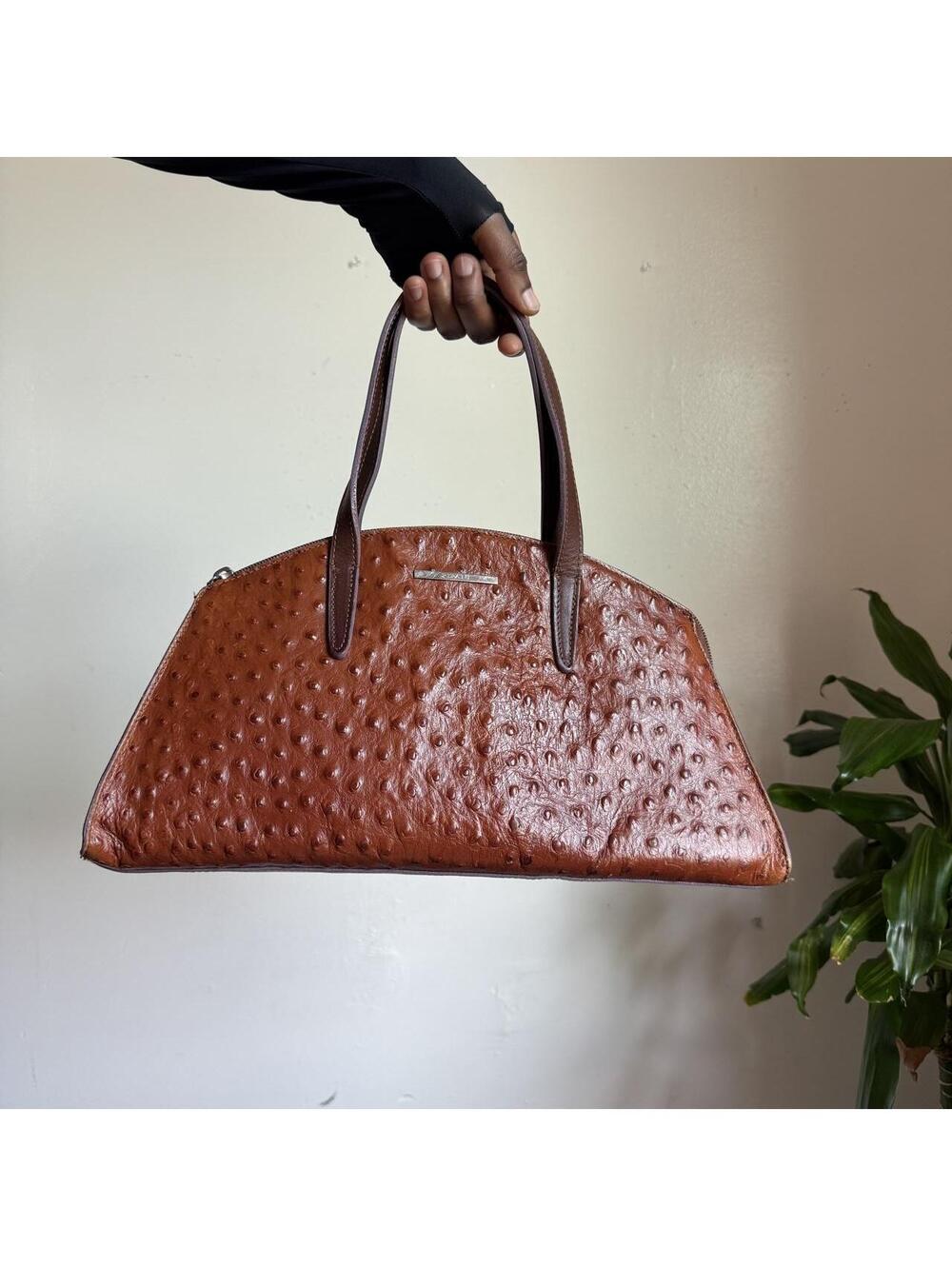 Vintage Ripani Italian Leather Ostrich Embossed Shoulder Bag Cognac Brown
